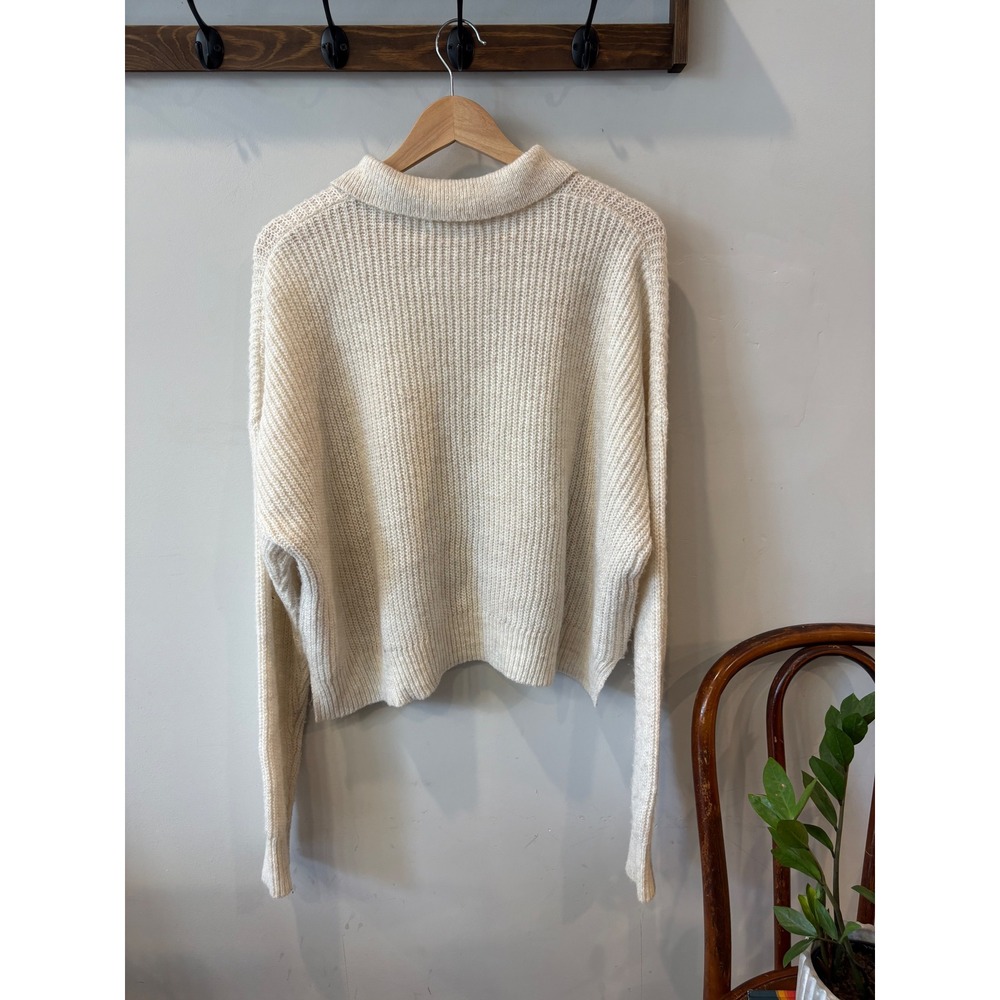 Elodie Cream Ribbed Knit Collared Button Up Sweater with Tortoise Buttons - Picture 4 of 5